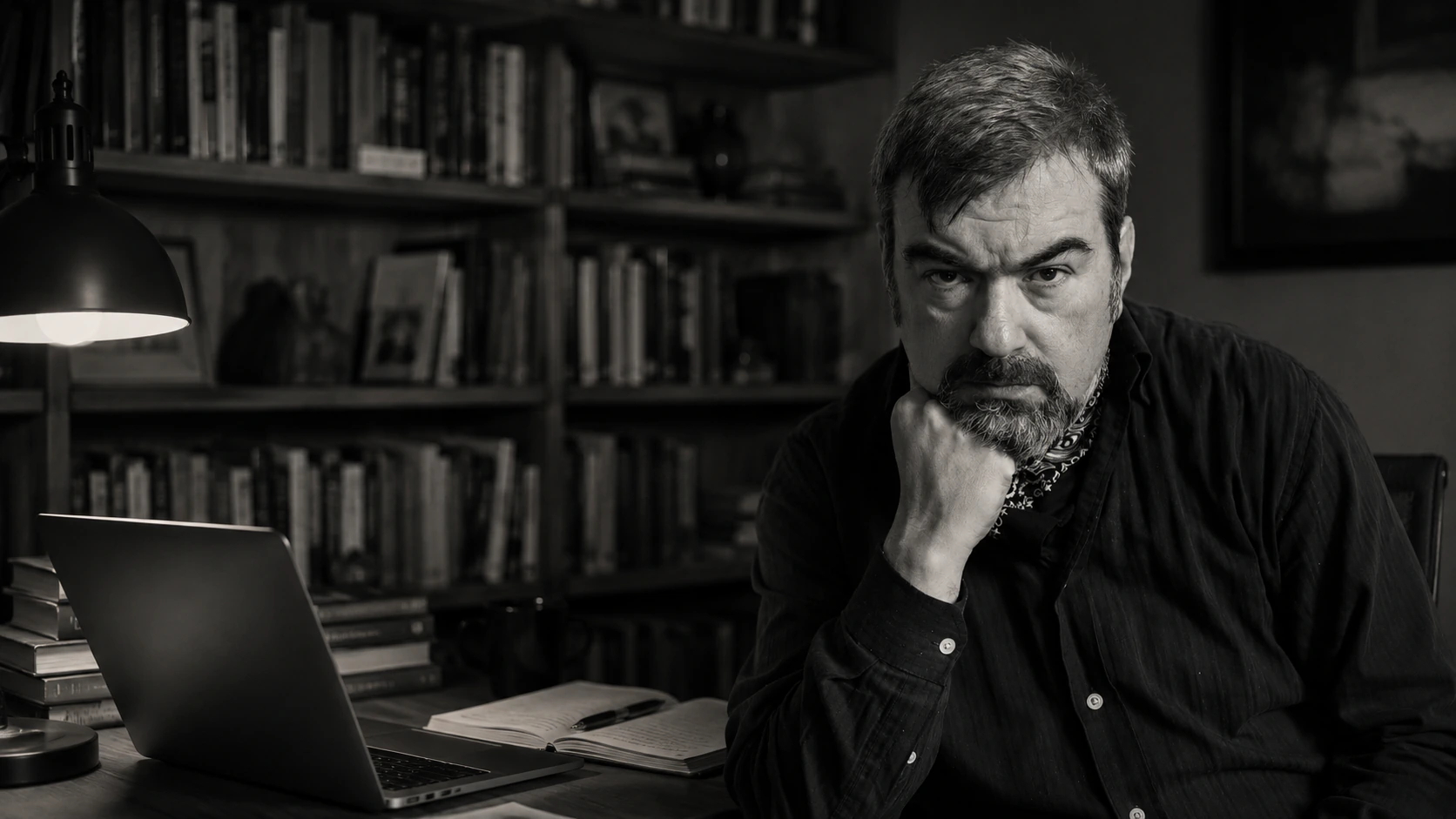 Roberto Palacio filósofo latinoamericano retrato en blanco y negro en su estudio